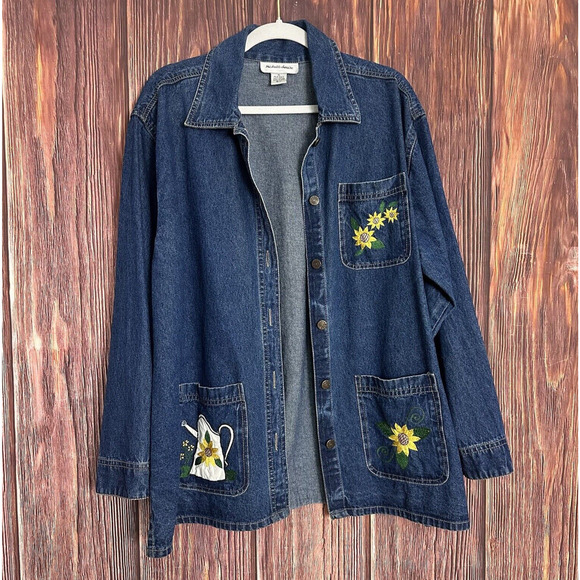 VTG Michelle Louise Denim Jacket Sunflower Embroidery Size Womens XL Vintage 90s - Picture 1 of 7
